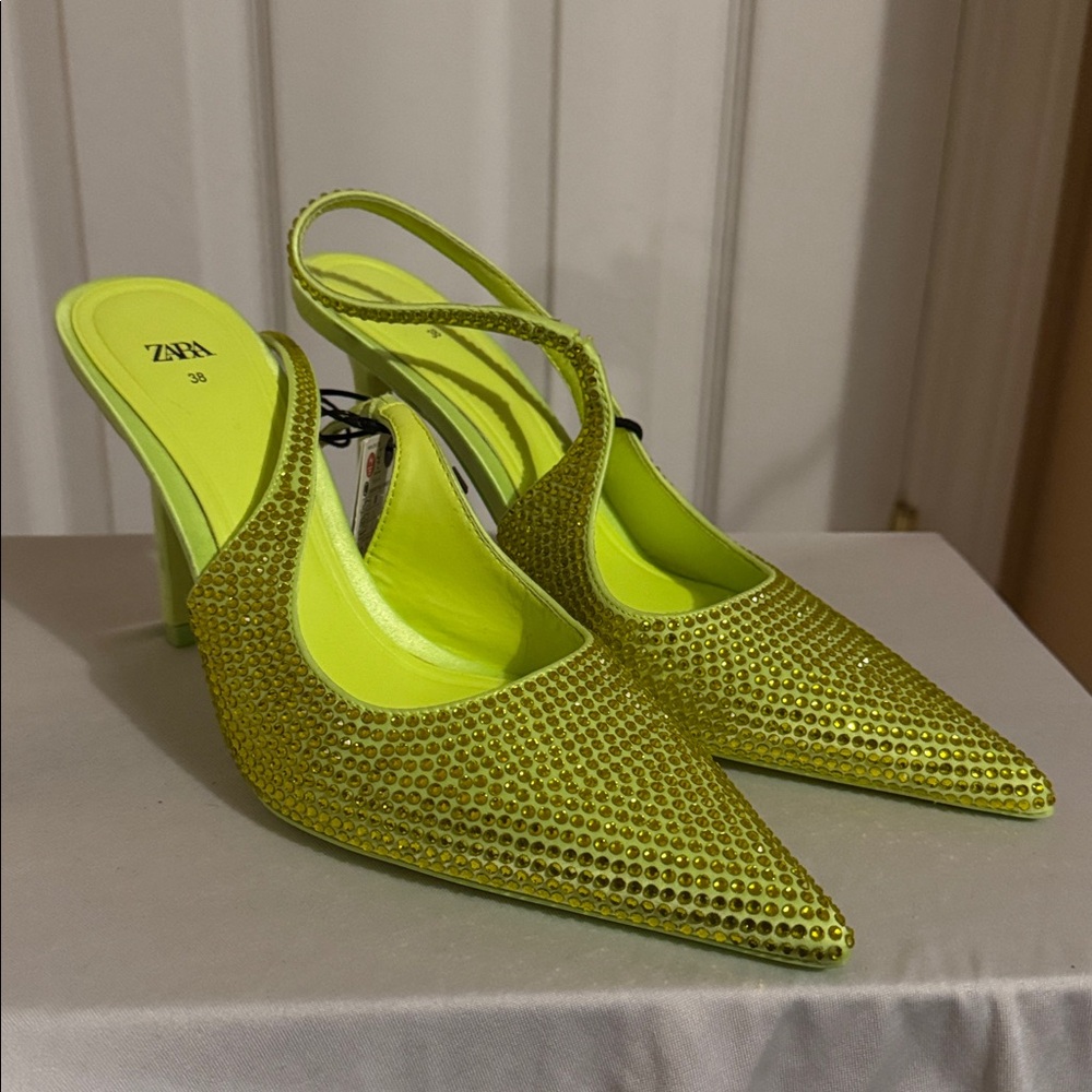Zara Lime Green Embellished Slingback Heels